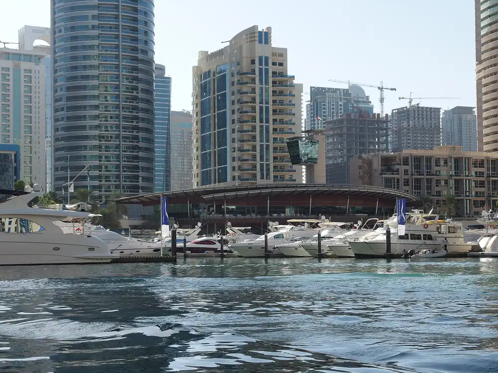 Yachts in Dubai Marina at night